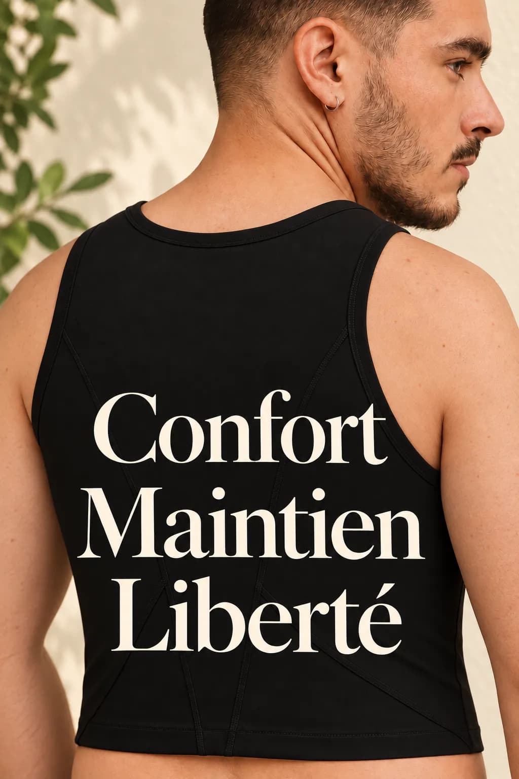Binder noir Bindzen porté, vu de dos, avec les mots Confort, Maintien, Liberté