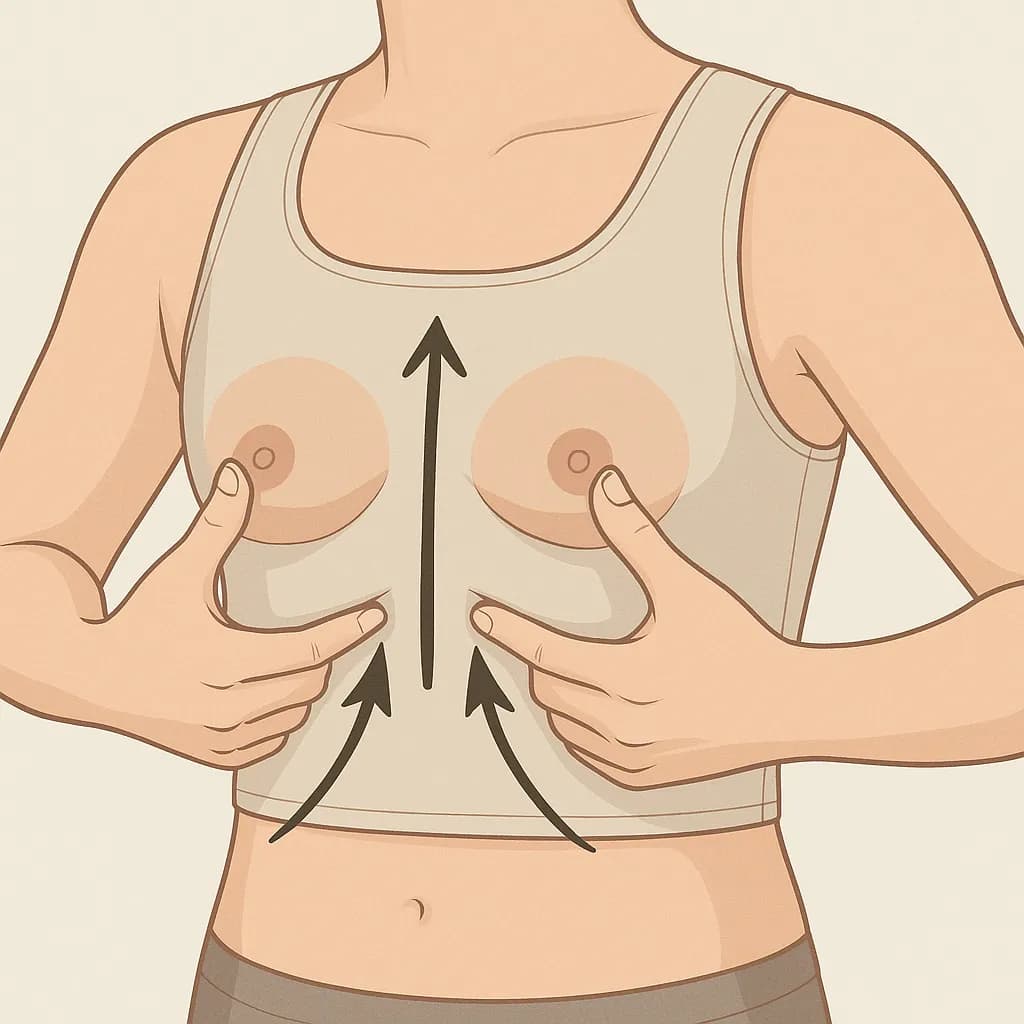 Centrage des mamelons pour un bon positionnement de la poitrine avec un binder : la poitrine est remontée et ramenée vers le centre avec les mains.